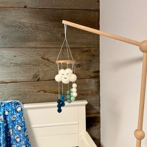 Handmade Mini Baby Mobile- Felt Cloud with Cheery Face and Blue Rainstorm Poms